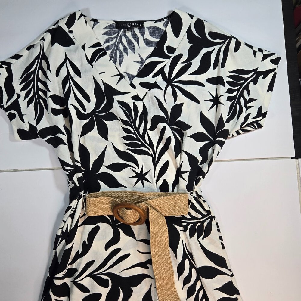 Fred David Black & White Tropical Print Belted Midi Dress - Picture 5 of 15
